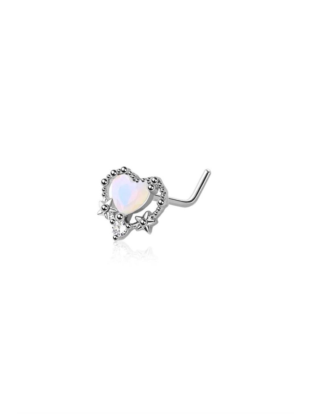 Opal Heart w/Center CZ Gem L-Shape Nose Ring-Silver